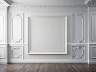 Fototapeta premium Empty White Wall with Classic Gypsum Molding Frame, High Ceiling Mockup for Food Photography