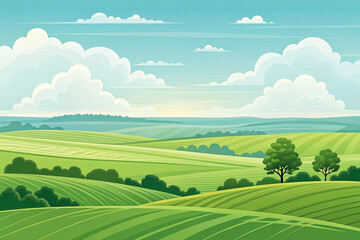 Sunny rolling green hills landscape, farmland under blue sky with fluffy clouds; idyllic rural scene for website banner