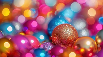 Festive multicolored orbs sparkle against a bokeh background, cheerful and celebratory holiday vibes.