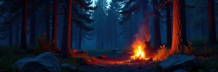 Twilight in a pine forest, campfire glows softly , shadows, rustic, warm