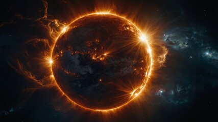 Obraz premium Dramatic view of a burning exo-planet exploding in an otherworldly galaxy with apocalyptic scenery.