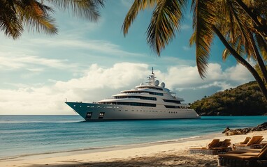 Fototapeta premium Luxury yacht anchored near a tropical beach with palm trees and lounge chairs.
