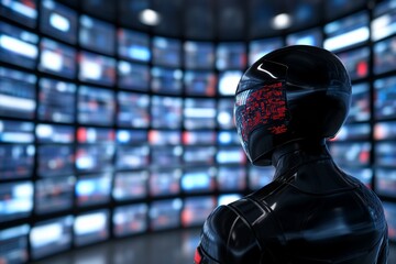 Futuristic robot monitoring screens