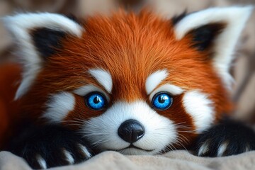Obraz premium Close-up portrait of a red panda with bright blue eyes, lying down.