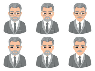 Different beard styles of gray-haired old man