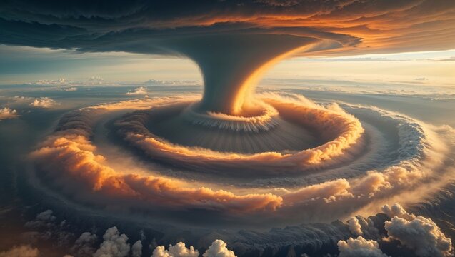 An aerial view captures the dramatic beauty of a supercell thunderstorm with its swirling cloud vortex.