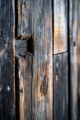 Close-up of weathered, dark brown wooden planks with knots and holes, showing texture and age.