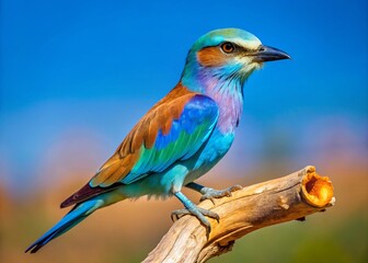 Obraz premium European Roller Bird on Branch, African Savanna, Blue Background - Wildlife Photography