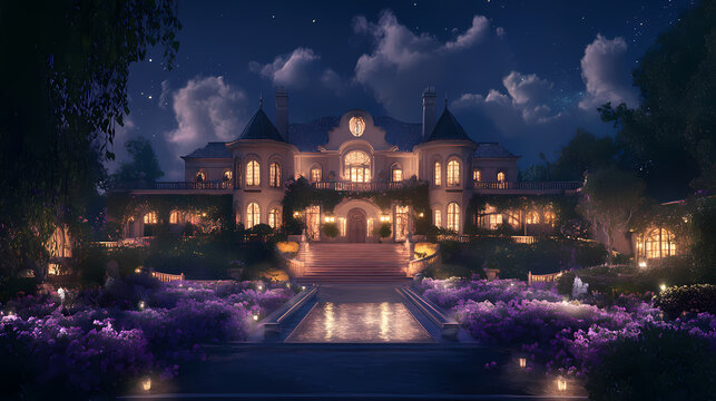 Enchanted mysterious mansion bathed in moonlight beneath the darkened sky at midnight. Glowing Midnight Gardens. Illustration