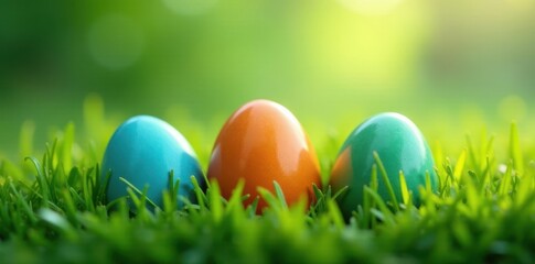 Deep blue, orange, and green eggs nestled in fresh spring grass , eggs, celebration, texture