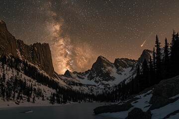 Milky Way galaxy shining over snow-capped mountains and frozen lake at night.