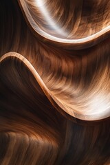 Abstract close-up of sculpted walnut wood with flowing, wave-like forms and rich brown tones.