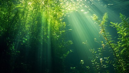 Obraz premium Sunbeams penetrate clear water illuminating lush underwater plants.