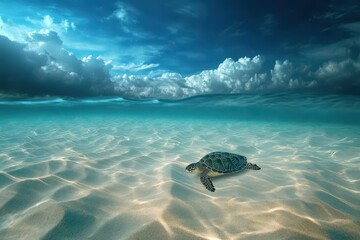 Obraz premium Sea turtle swims serenely in shallow water under cloudy skies