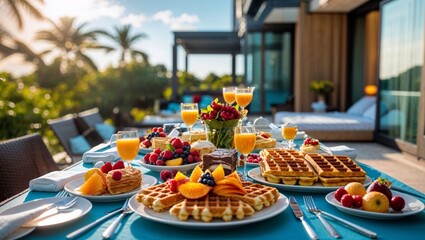 A delightful breakfast with waffles, pastries, and fresh fruit on a sunny tropical terrace.