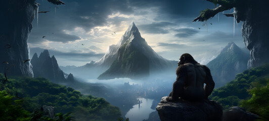a king kong sitting on a mountain scenic mountain top staring into the distance, ai generative
