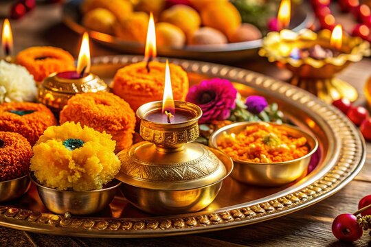 Festive Indian Pooja Thali with Sweets, Flowers & Diyas for Navratri, Dussehra, Karva Chauth, Teej