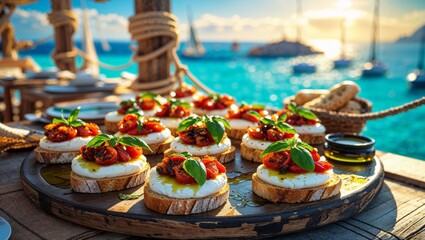 Enjoying delicious bruschetta with tomatoes and basil by the sea on a sunny summer day.