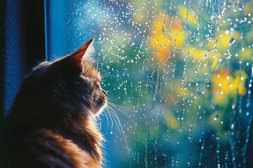 Obraz premium Longhaired cat sits by rain-streaked window, looking outside.