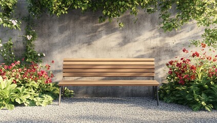 Wooden bench in a garden setting against a concrete wall, surrounded by flowers and plants.