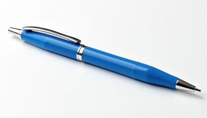 Isolated blue ballpoint pen with silver tip on pristine white background. A blue pen with a silver tip on a white surface.