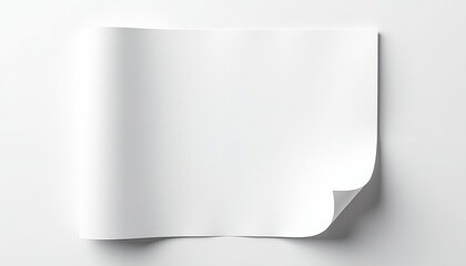 Stark White Background Highlighting Smooth, Glossy Curl on Isolated Paper. A sheet of white paper with curled corners on a white surface.