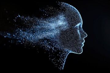 Obraz premium A digital representation of a human profile made of particles and light against a black background.