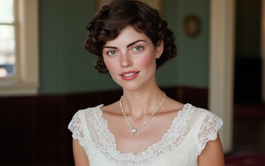 A beautiful woman with curly hair wearing a vintage lace dress and a necklace, smiling softly.