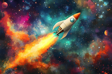 Rocket illustration soaring through a colorful and starry galaxy scene