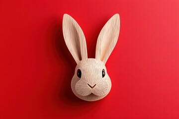 Obraz premium A wooden rabbit head sculpture on a red background.