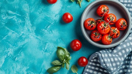 Roasted cherry tomatoes in a bowl with basil on a blue background.
