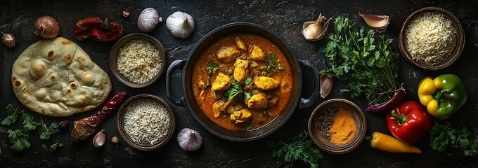 Aromatic chicken curry with rice and naan bread, surrounded by fresh herbs and spices on dark background.