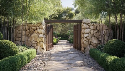 Stone wall gate opens to a serene garden path, flanked by manicured hedges and bamboo.