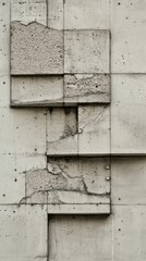 Weathered concrete wall shows geometrical patterns and surface degradation