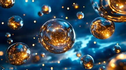 Golden Orbs Floating in Blue Nebula - Abstract backgrounds