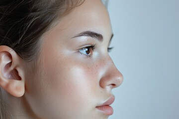 Naklejka premium Profile shows nose job result, before/after nasal bridge. Medical photo, studio light, clean clinical look. No hands visible.