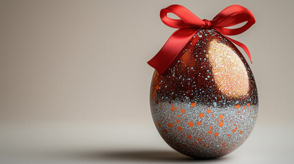 Silver easter egg with red ribbon isolated on white background