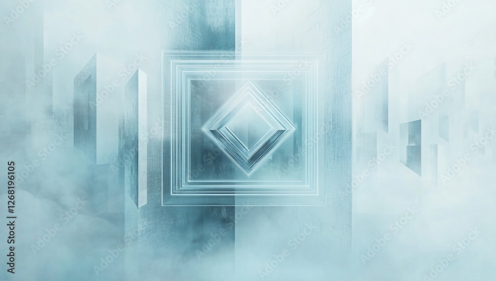 Wall mural abstract 3d rendering of a futuristic city scene with geometric shapes and fog.