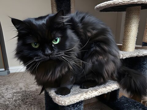 Majestic black cat with piercing green eyes lounging on a cozy cat tree, exuding elegance and mystery.