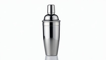 Stainless Steel Cocktail Shaker on Pure White Background: Sleek and Reflective Design. A stainless steel cocktail shaker on a white background.