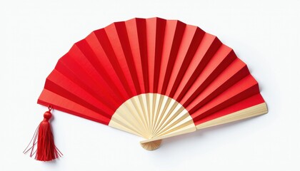 Vibrant Red Hand Fan Against Stunning White Background: Intricate Design Contrast. A red fan with a red tassel on a white background.