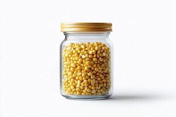 Glass jar filled with yellow corn kernels, gold lid, white background.