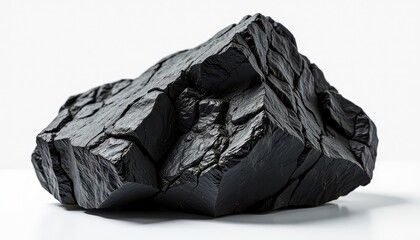 Isolated black rock on pristine white background, highlighting sleek texture and reflective qualities. A close up of a rock on a white surface.