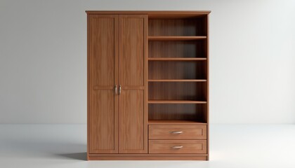 Wooden Armoire Set Against White Background: m Storage Solution. A wooden wardrobe with two drawers and a shelf.