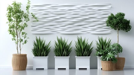 Fototapeta premium Modern interior with decorative plants and textured wall art.