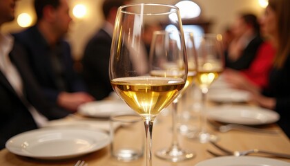 Obraz premium Isolated white background image showcasing a table setting with wine glasses and plates, featuring a group of people dining together. A group of people sitting at a table with wine glasses.