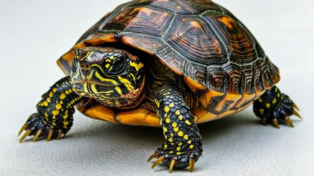 Colorful turtle exploring a textured surface in a well-lit environment