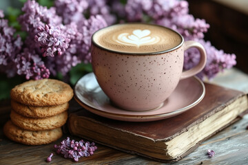  latte macchiato, biscuits, old books and lilac flowers on a wooden table