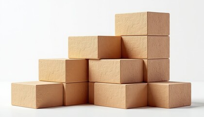 Obraz premium Stacked Wooden Blocks on Clean White Background: Perfectly Proportioned Design. A stack of wooden blocks on a white surface.