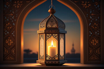 Ornate lantern candlelit sunset archway mosque background Ramadan